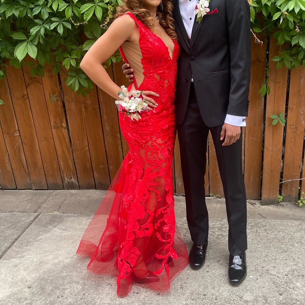 Stunning Red Prom Dress with Train and Mesh Sides